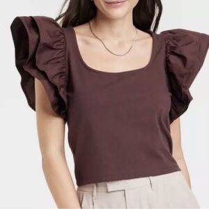 A New Day Ruffle Sleeve Square Neck Brown Shirt Blouse Cropped Butterfly Medium